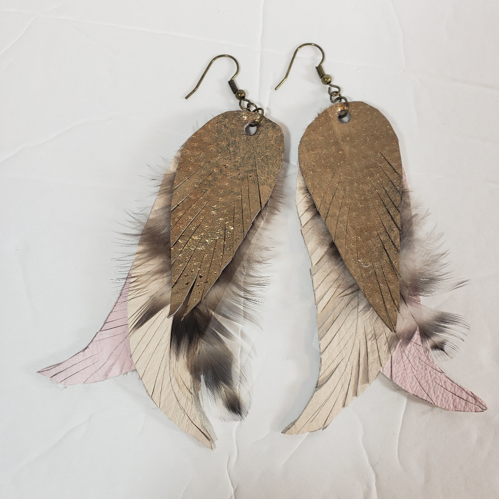 Feather Leather Blush Pink Bronze Dangle Earrings